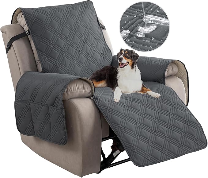 Easehomey 100% Waterproof Recliner Chair Covers, Non Slip Oversized Reclining Cover, Cover Furniture Protector Washable Chair Cover with Pocket,Elastic Straps for Kids,Pets,Dogs(Dark Gray,28")