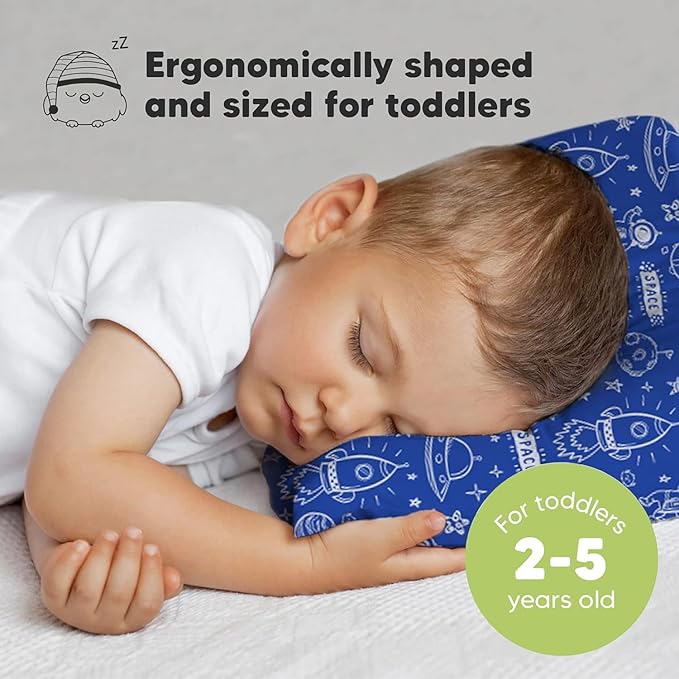 Toddler Pillow with Pillowcase - 13x18 My Little Dreamy Pillow, Organic Cotton Toddler Pillows for Sleeping, Kids Pillow, Travel Pillows,Mini Pillow,Nursery Pillow,Toddler Bed Pillow (Off to Space)