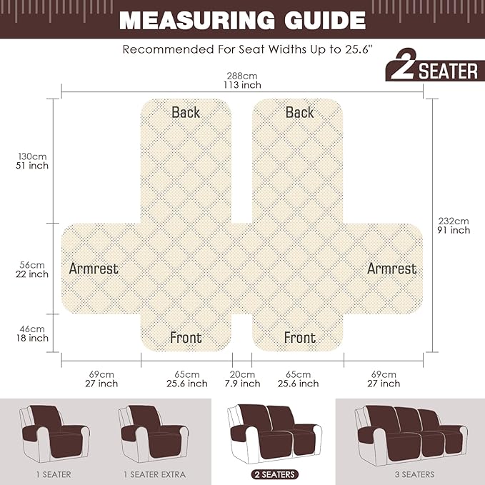 TAOCOCO Loveseat Recliner Cover Non-Slip Sofa Slipcover, Pet Cover for Loveseat Recliner with Elastic Straps, Washable Reclining Loveseat Cover Recliner Furniture Protector (2 Seater, Coffee)