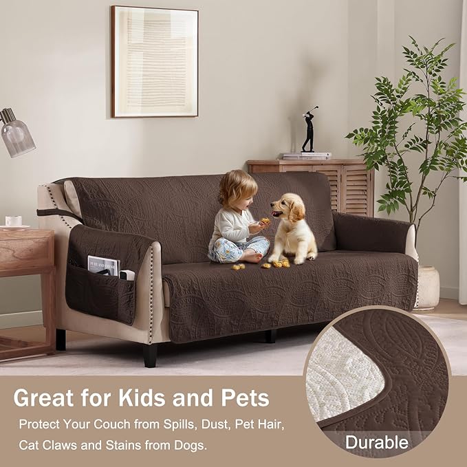 Water Repellent Loveseat Cover for 2 Cushion Couch, Machine Washable Love Seat Quilted Couch Covers, Pet Friendly Sofa Slipcovers (Loveseat 48", Chocolate)