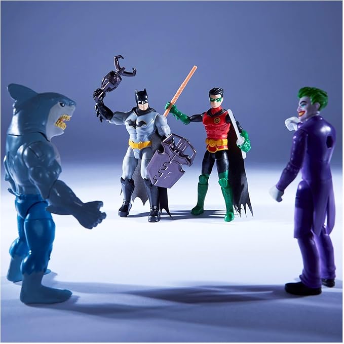 DC Comics, Batman and Robin vs. The Joker and King Shark, 4-inch Action Figures, Kids Toys for Boys and Girls Ages 3 and Up