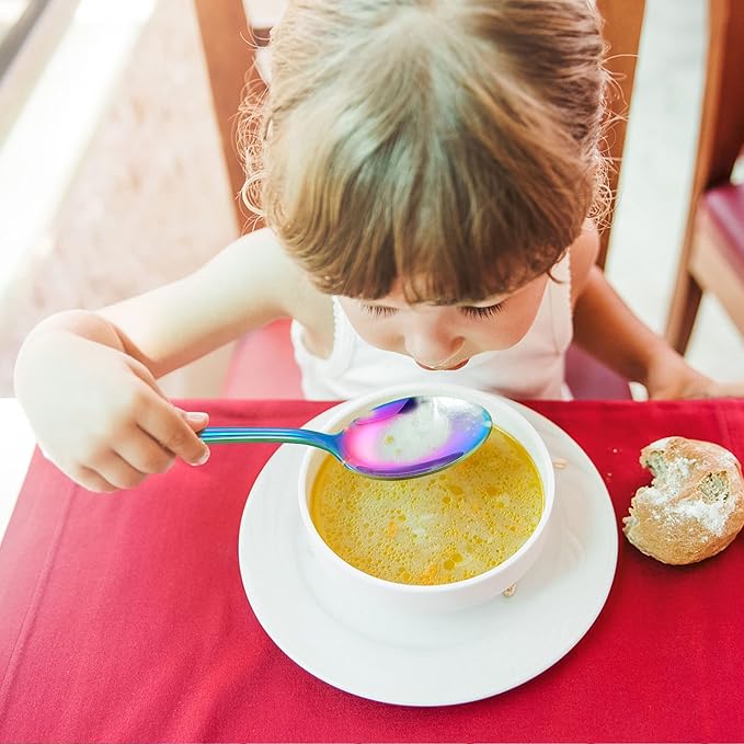 LIANYU 9-Piece Rainbow Toddler Spoons, Kids Baby Spoons Self Feeding, Stainless Steel Children Silverware Set for 2-10 Year Old, Preschooler Cutlery Flatware Set for Home School, Dishwasher Safe