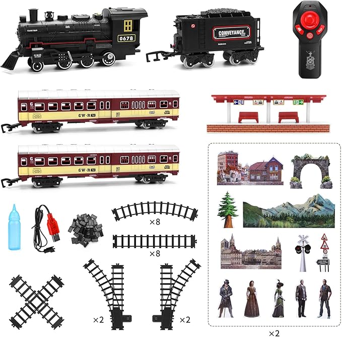 Train Set for Kids,Remote Control Locomotive Engine Under Christmas Tree,Electric Model Train W/Carriages and Long Tracks,Train Toy Gift for Boys Girls Age 4-12