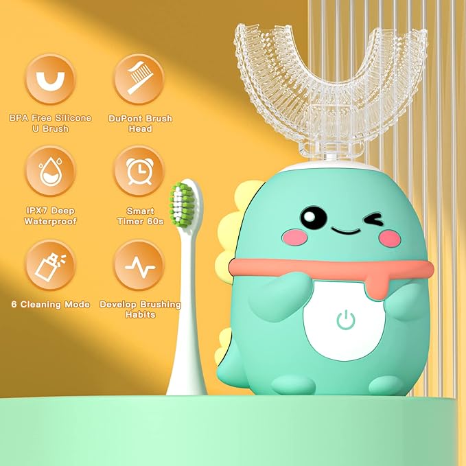 Kids Electric Toothbrush U Shaped Toddler Auto Sonic Toothbrushes with 5 Brush Head,Cartoon Dinosaur Ultrasonic Toothbrushes for Children 2-12 Years,360° Full Mouth Cleaning Automatic