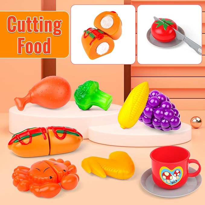 deAO Kids BBQ Grill Playset,36 Pcs Kitchen Toy with Realistic Smoke,Light,6Pcs Change Color Pretend Foods,Cutting Foods Toys,Interactive BBQ Toy Set for Kids