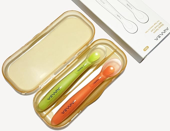 Baby Spoons, First Stage Feeding For Baby, Soft Silicone, Toddler spoon, Baby's First Foods Spoon Set with Travel Case, Gum-Friendly, Baby Gifts, Baby essentials, BPA Free,2-Pack