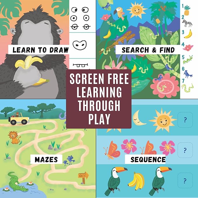 Kids Small Size Travel Educational Activity Books with Washable Markers (7"x7") - Car and Airplane Activities - Search and Find, Reusable Stickers for Ages 4, 5, 6 (Jungle & Ocean)