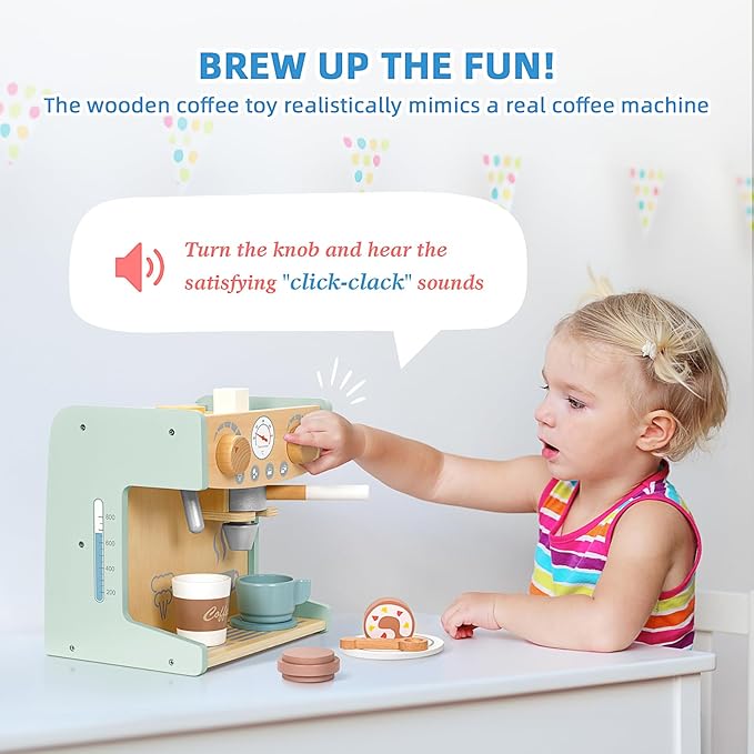 2-in-1 Kids Wooden Toy Coffee Maker Playset, Toddler Pretend Play Kitchen Food Small Coffee Shop with 28 Pcs Play Kitchen Accessories for Girls & Boys