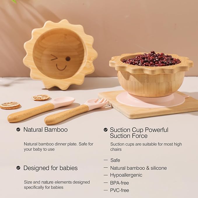 let's make Bamboo Suction Bowl for Baby Kid Toddler Bowl Spoon Fork Set with Removable Silicone Suction All-Natural Baby Feeding Set for Baby-Led Weaning Fits Feeding High Chair Table