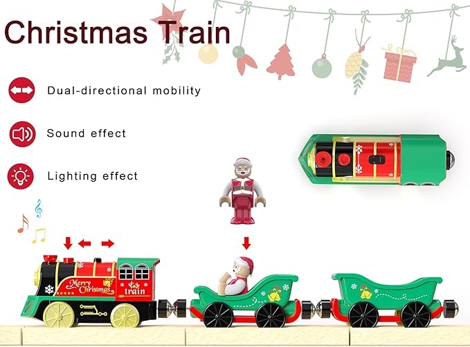 Electric Train Set for Wooden Tracks, Battery Powered Trains Toy with Lights & Sounds for Toddlers, Motorized Train for Kids Compatible with Thomas & Friends, Brio, Chuggington