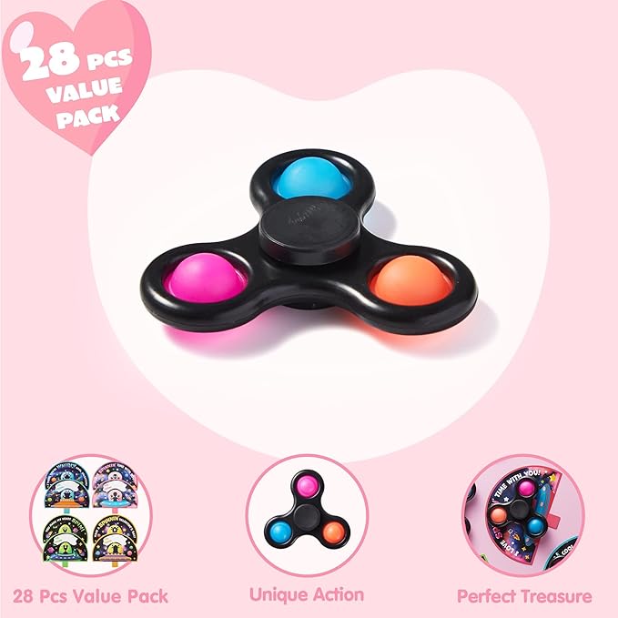 JOYIN 28 Packs Valentines Cards with Alien Style Fidget Spinner for Kids, Stress Relief Hand Finger Spinner Fidget Toy for Classroom Exchange, Valentine's Party Favors, Party Game Prizes for Kids