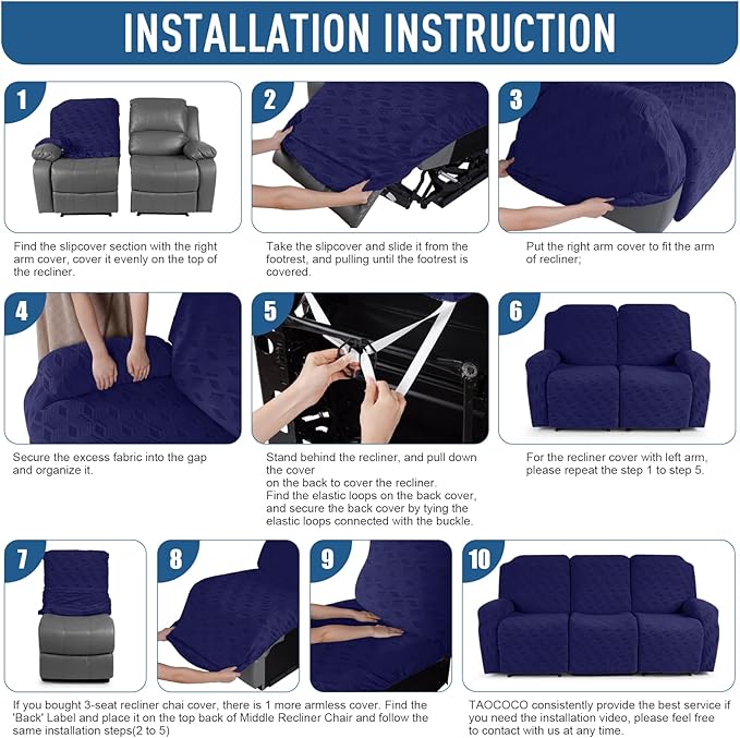TAOCOCO Recliner Sofa Covers Stretch Reclining Couch Cover, Jacquard Recliner Couch Cover for 3 Seat Furniture Protector Sofa Slipcovers with Elastic Bottom for Kids, Pets (Dark Blue)