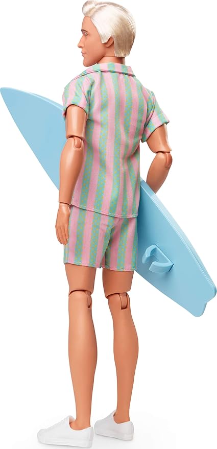 Barbie The Movie Ken Doll Wearing Pastel Pink and Green Striped Beach Matching Set with Surfboard and White Sneakers