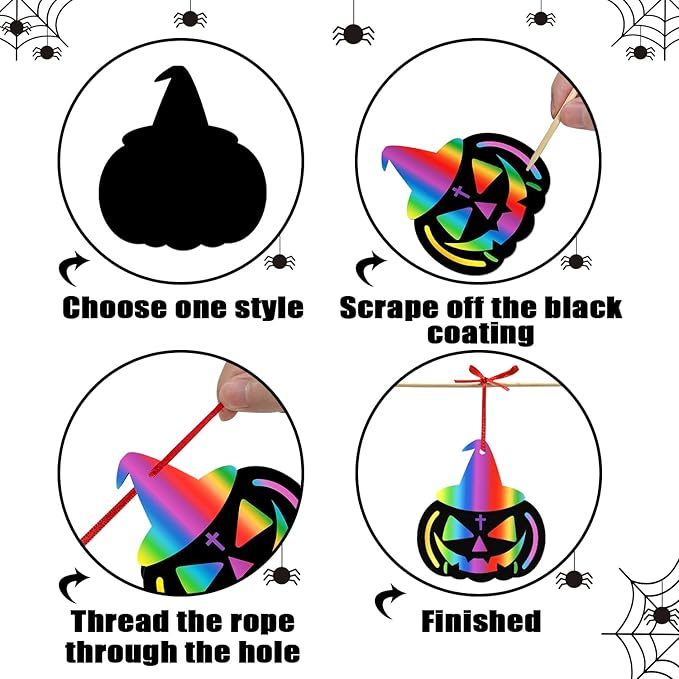 PARTYWIND Magic Halloween Crafts for Kids Activities, 60 PCS Scratch Paper Art for Halloween Hanging Decorations Ornaments, Scratch Off Cards with Pumpkin/Zombie/Bat, DIY Party Supplies Favors