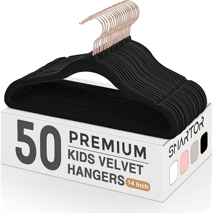 Smartor Kids Velvet Hangers 50 Pack, 14'' Inch Premium Non Slip Kids Felt Hangers for Closet, Space Saving Toddler Clothes Hanger for Youth's Childrens' Clothes (Rose Gold Hook)- White