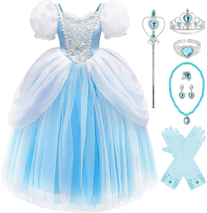 Princess Cinderella Halloween Costume with Accessories for Girls, Birthday Party Cinderella Cosplay Dress Up, Blue