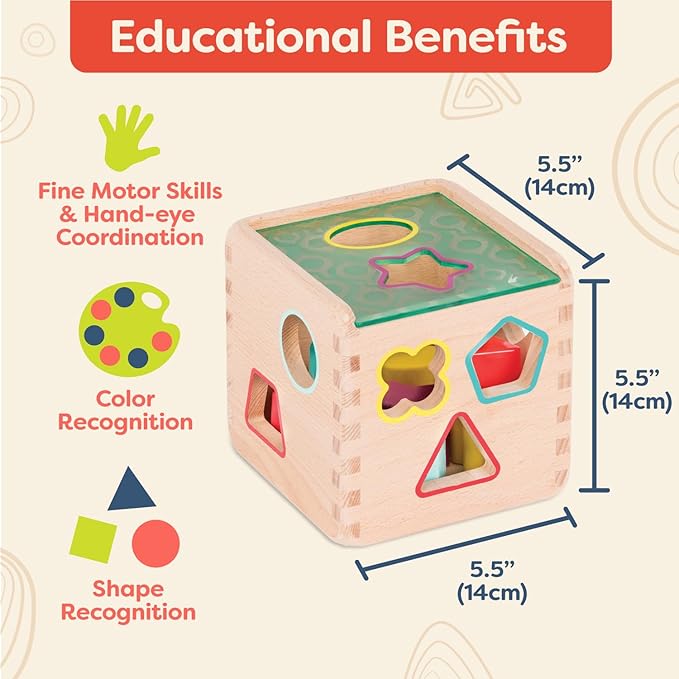 B. toys- Wonder Cube- Developmental Toy- Wooden Shape Sorter Cube – 9 Colorful Shapes – Educational Wooden Toy for Toddlers, Kids – 18 Months +