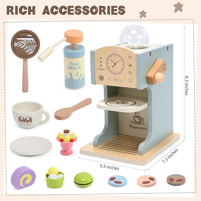 Kids Coffee Playset Kitchen Toys，Wooden Coffee Maker Toy Set with Play Kitchen Accessories, Pretend Play Coffee Set for Kids Girls Boys