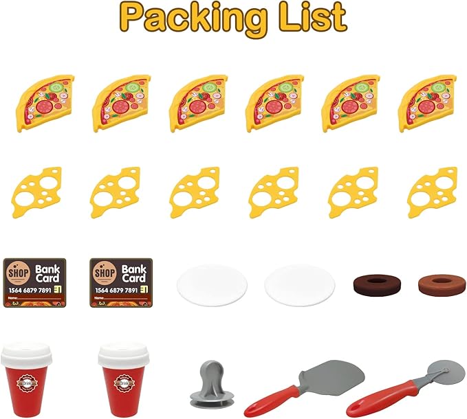 deAO Pretend Play Store Coffee Playset Kids Coffee Maker Play Set Pizzas Shop with Cash Register 30pcs STEM Toy for Kids Pre-School Pretend Toy for Toddlers Boys & Girls Age 3+