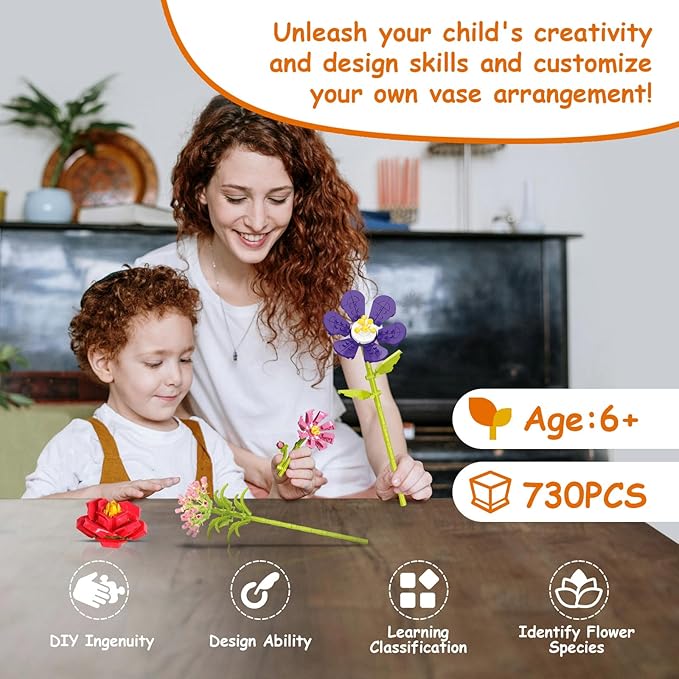 Flowers Bouquet Building Set with Vase, 8 Artificial Flowers Bouquet Set for Adults, Kids, Boys, Girls, Idea Gifts for Mother's Day, Birthdays, Creative DIY Plant Bouquet Decoration Botanical, 730PCS
