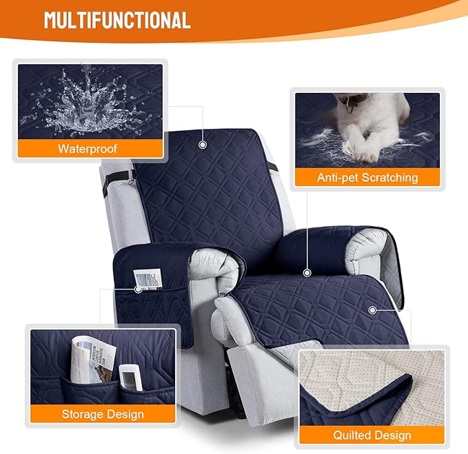 VANSOFY 100% Waterproof Recliner Chair Covers, Recliner Cover Non-Slip Dog Chair Cover Furniture Protector Washable Slipcover with Pocket, Elastic Straps for Pets, Dogs(Dark Blue, 28")