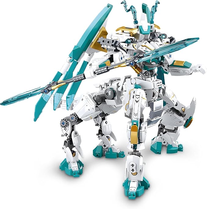 Dragon Transforming Mech Building Blocks Set, 2 in 1 Warrior City Action Robot Model Building Kit, 731 PCS Cool Rider Mech Toys Gift for Adults and Kids Boys 8 10 12+