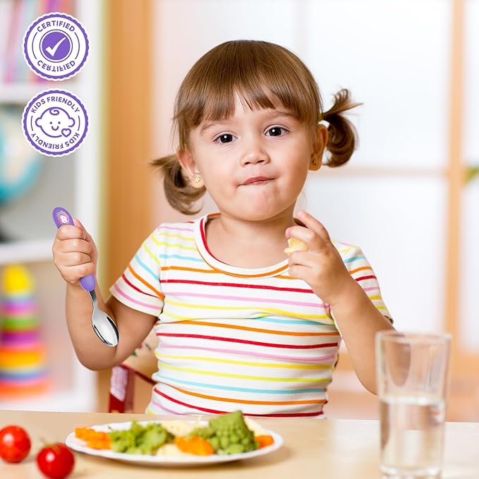 Lehoo Castle Toddler Fork and Spoon, 6pcs Toddler Utensils Kids Silverware, Safe Stainless Steel Toddler Fork Spoon Set, Children Flatware Set, Incudes 3 Spoons and 3 Forks (Light Purple + Blue)