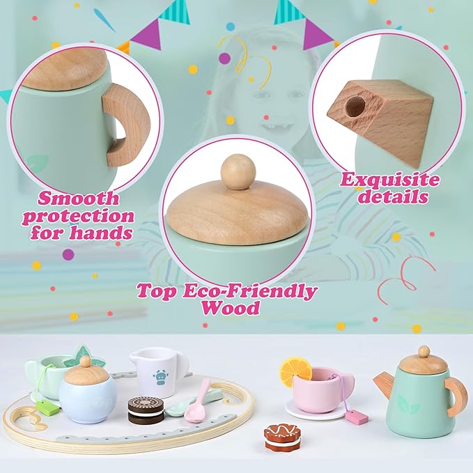 Toy Tea Party Set for Toddlers Girl,Wooden Tea Set Toys for 3-4-7 Year Old Girls ,Play Food Pretend Play for Toddlers…