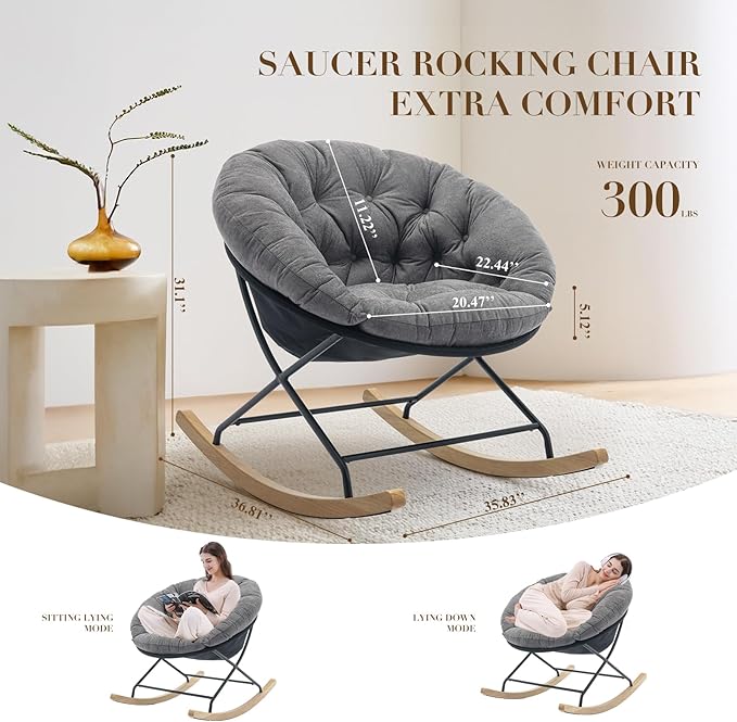 COLAMY Nursery Rocking Chair, Indoor Glider Rocker Living Room Chair with Comfy Cushions, Wood Base and Metal Legs for Bedroom, Office, Grey