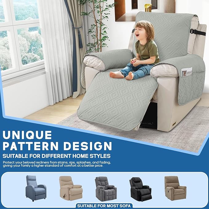 XINEAGE 100% Waterproof Recliner Cover, Non Slip Recliner Chair Cover with Elastic Band, Washable Recliner Slipcover with Storage Pockets for Kids, Pets (Light Gray, 25")