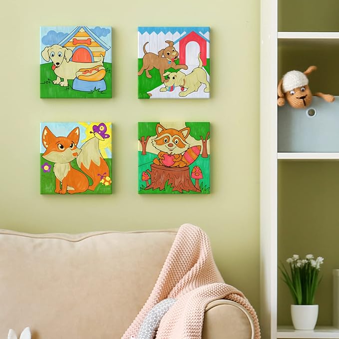 ARTEZA Kids Animals Painting Kit, 4 Canvases 8 x 8 Inches, 24 Acrylic Paints, 4 Paint Brushes, 4 Palettes, Kids Activities Ages 6 and Up