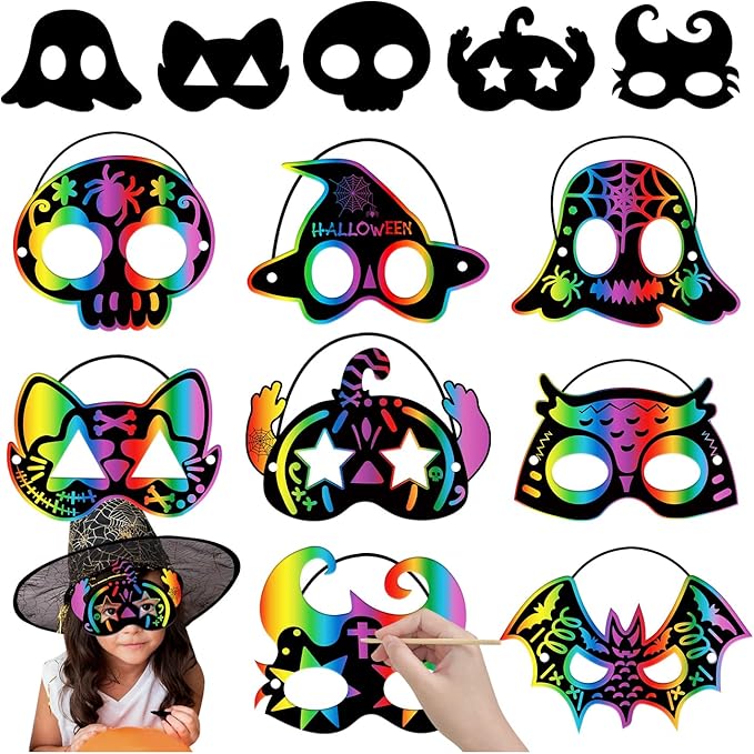 PARTYWIND 32 PCS Halloween Scratch Masks, Magic Halloween Scratch Art Crafts for Kids Party Decorations, DIY Scratch Off Masks for Kids Halloween Activities Party Supplies with Pumpkin Zombie Bat