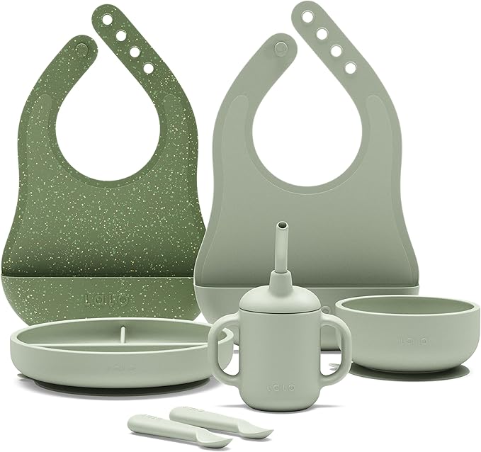 Lalo First Bites Silicone Baby Feeding Set - Baby Led Weaning Supplies - Non-Toxic Silicone - Includes 2 Bibs, 2 Spoons, Training Cup, Suction Plate and Bowl - 6 Pieces - Sage