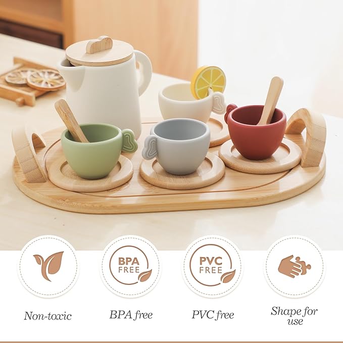 Tea Party Set for Little Girls,Wooden Tea Set,Princess Tea Time Sets for Kids Best Gifts for Toddler with Silicone Teapot Cups Wood Tray Scoop,Dishwasher Safe