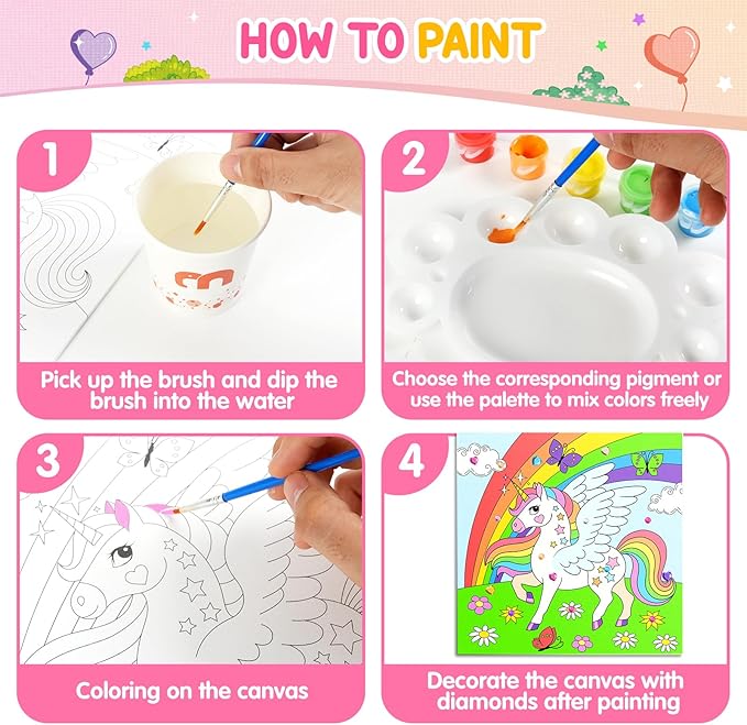 ZMLM Kids Pre Drawn Canvas for Painting, Acrylic Painting Kit for Kids ages 4-8, 10 x 10 Inch Unicorn Pre Drawn Canvas Panel with Diamond Sticker, Arts & Crafts for Kids Birthday Christmas Shcool Gift