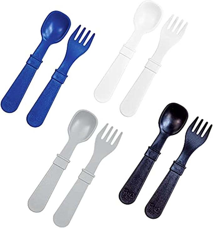 Re-Play Made in USA Toddler Forks and Spoons, Pack of 8 Without Carrying Case - 4 Kids Forks with Rounded Tips and 4 Deep Scoop Toddler Spoons - 0.2" Thick Toddler Utensils, Droid