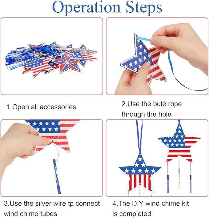 Fennoral 12 Pack Star Wind Chime Kit for Kids Make You Own Patriotic Star Wind Chimes DIY Colorful 4th of July Craft for USA Independence Day Ornaments 4th of July Art Activity