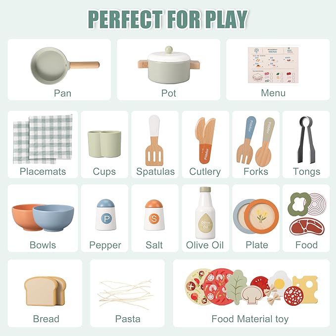 Wooden Play Cooking Set, Pretend Play Kitchen Accessories Toys Set for Kids Toddlers, Including Play Dishes, Pot and Pan, Utensils, Gifts for 3 4 5 Years Old Girls Boys