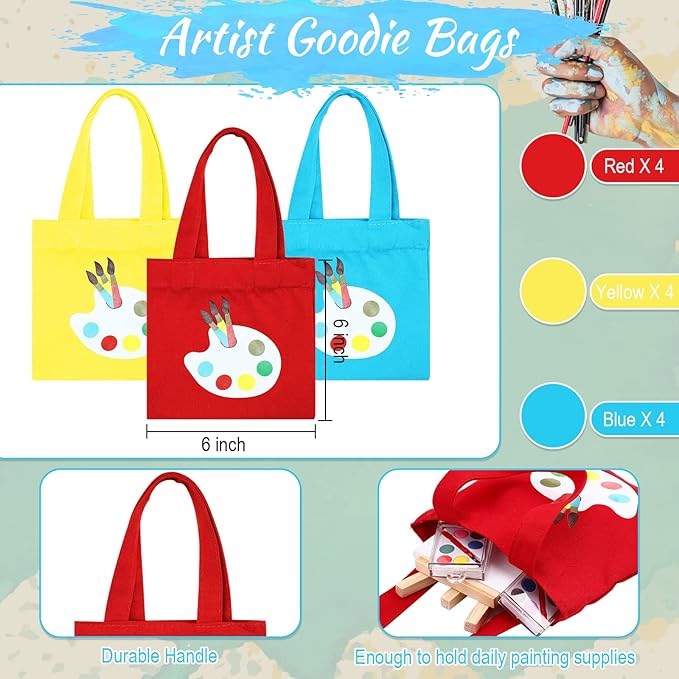 Zhengmy 12 Sets Watercolor Paint Art Party Favors Mini Paint Sets Canvas Tote Bags Goodie Bags 3'' x 3'' Painting Canvas Panel with Wooden Easel Set for Valentine Sip and Paint Party