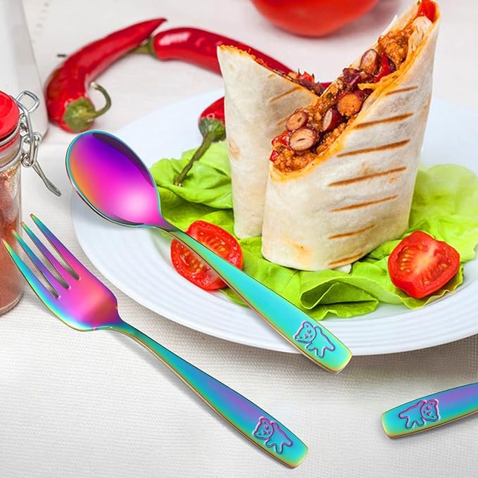 Pimoys 12 Pieces Toddler Utensils Kids Rainbow Silverware Set, Stainless Steel Childrens Safe Forks and Spoons, Metal Kids Cutlery Set, Dishwasher Safe