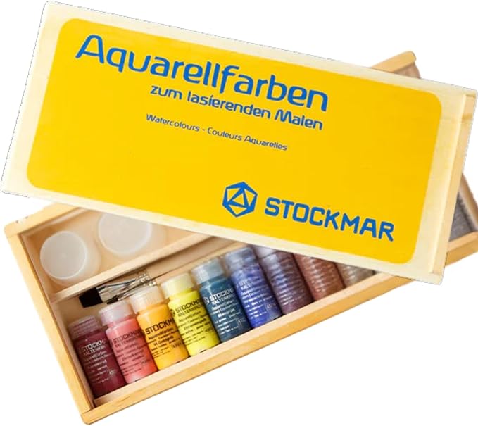 Stockmar Complete Watercolor Paint Set - 12 Colors, in Wooden Storage Box, Includes 2 Natural Brushes, 6 Containers, Cloth, Palette, Sponge, Waldorf Art Supplies