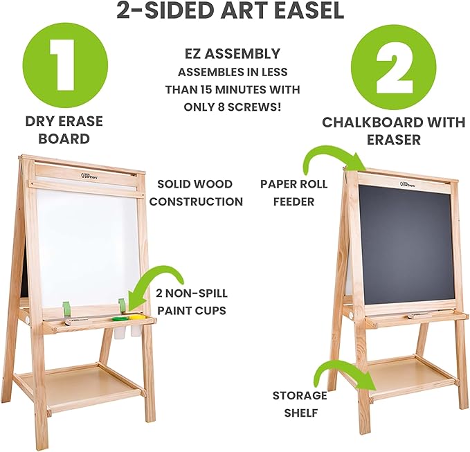 Little Partners Folding EZ Painting Easel for Kids, Dual-Sided Art Easel for Kids Art Station, Folds Flat with Chalkboard, Dry Erase Whiteboard, Paper, Eraser, Paint Cups, Shelf (Natural)