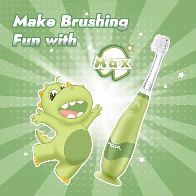 Papablic Toddler Sonic Electric Toothbrush for Ages 1-3 Years, Baby Electric Toothbrush with Cute Dino Cover and Smart LED Timer, 2 Brush Heads (Max)