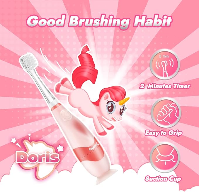 Papablic Toddler Sonic Electric Toothbrush for Ages 1-3 Years, Baby Electric Toothbrush with Cute Unicorn Cover and Smart LED Timer, 4 Brush Heads (Doris)