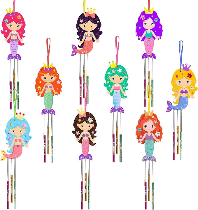 Fennoral 9 Pack Mermaid Wind Chime Kit for Kids Make Your Own Wind Chime Wooden Arts and Crafts for Girls Boys Ornaments DIY Coloring Mermaid for Summer Art Activity Birthday Party Decoration