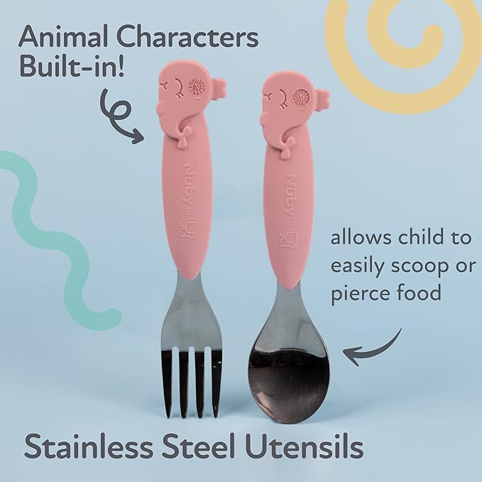 Nuby Animal Friends Silicone and Stainless Steel Fork and Spoon Set - 12+ Months - Pink Whale