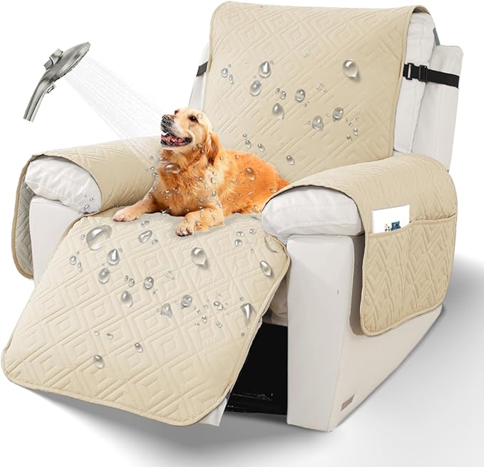 XINEAGE 100% Waterproof Recliner Cover, Non Slip Recliner Chair Cover with Elastic Band, Washable Recliner Slipcover with Storage Pockets for Kids, Pets (Beige, 23")