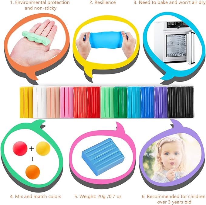 CiaraQ Small Modeling Clay Set, 12 Colors Safe & Non-Toxic Oven Bake Polymer Clay Starter Kit for Kids/Beginners