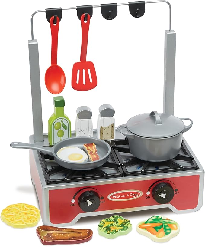 Melissa & Doug 19-Piece Deluxe Wooden Cooktop Set with Wooden Play Food, Durable Pot and Pan