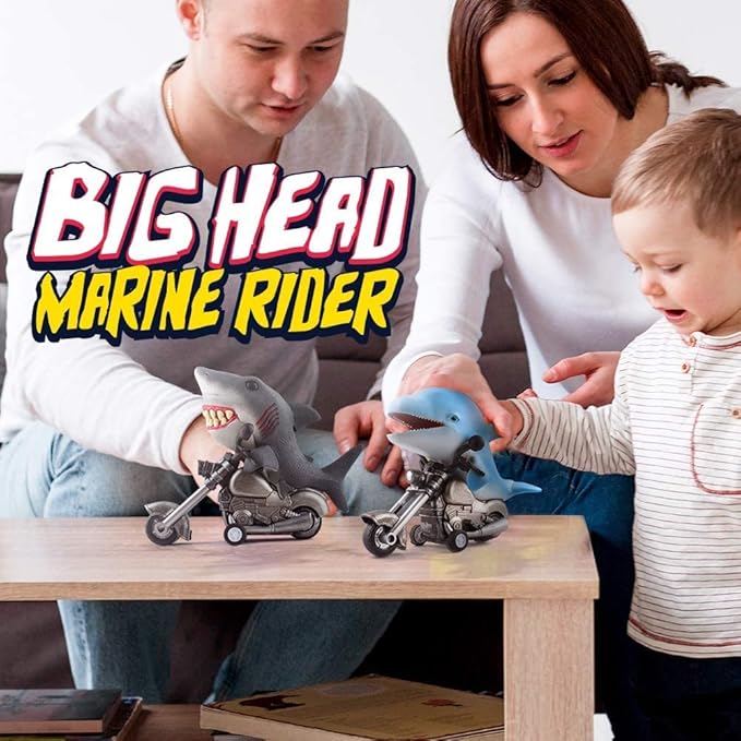 DINOBROS Shark Toy Car 2 Pack Friction Powered Motorcycle Monster Sea Animal Game Great White Shark and Dolphin Toys